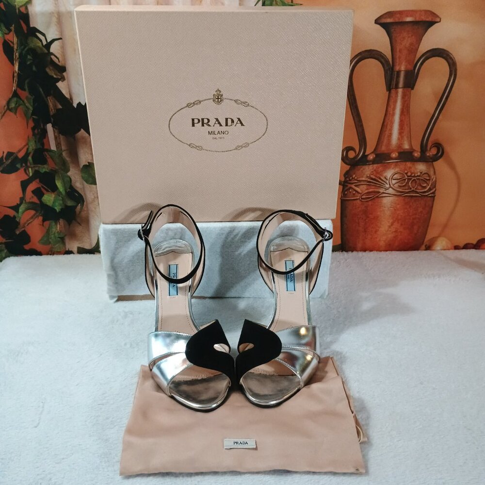 Prada Size 40 Black & Silver Iconic "Lip" Design Ankle Strap Heels
